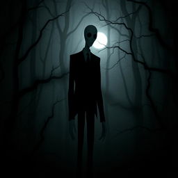 A tall, slender figure representing Slenderman, characterized by an elongated body and limbs, wearing a formal black suit and a white shirt, with a smooth, featureless white face and no visible eyes