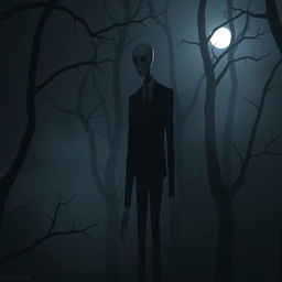 A tall, slender figure representing Slenderman, characterized by an elongated body and limbs, wearing a formal black suit and a white shirt, with a smooth, featureless white face and no visible eyes