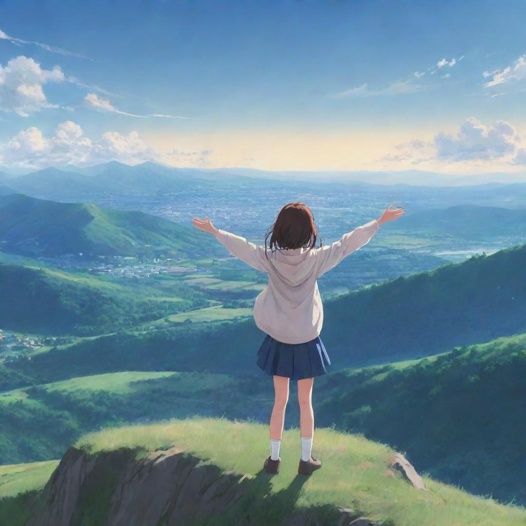 Anime style girl standing on the crest of a hill, her arms wide open as she joyously embraces the expansive view before her.