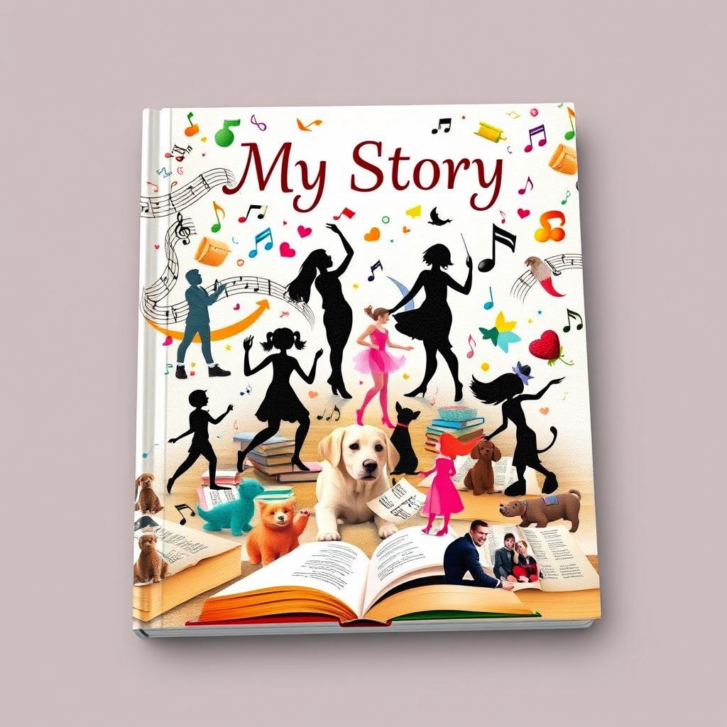 A creative book cover design that encapsulates the essence of a personal story rich with musical elements, dance, books, pets, family, friends, and themes of disappointment