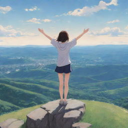 Anime style girl standing on the crest of a hill, her arms wide open as she joyously embraces the expansive view before her.