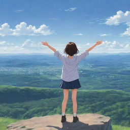 Anime style girl standing on the crest of a hill, her arms wide open as she joyously embraces the expansive view before her.