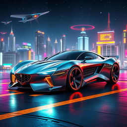 A sleek, futuristic car design with an aerodynamic shape, glowing LED accents, and a metallic finish