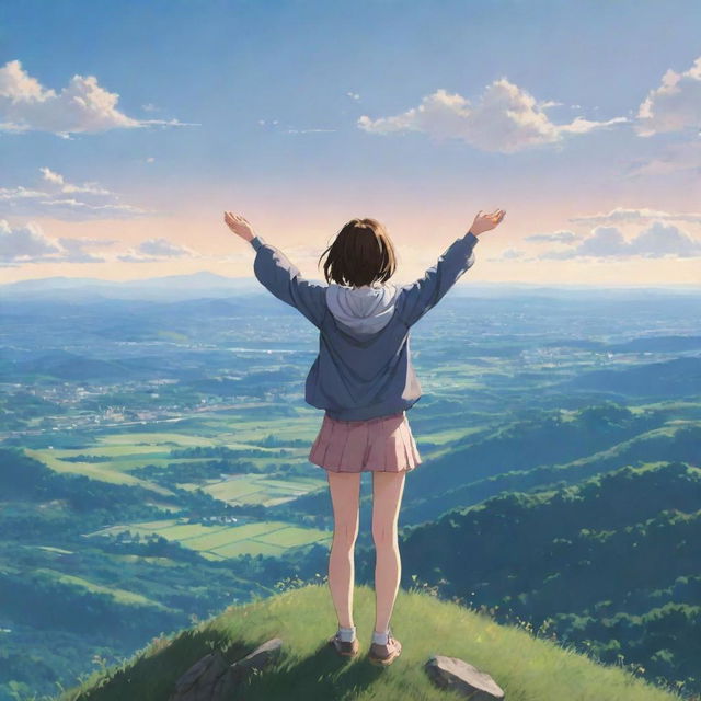 Anime style girl standing on the crest of a hill, her arms wide open as she joyously embraces the expansive view before her.