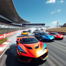 A high-speed race scene featuring sleek, colorful sports cars zooming around a winding track under a clear blue sky