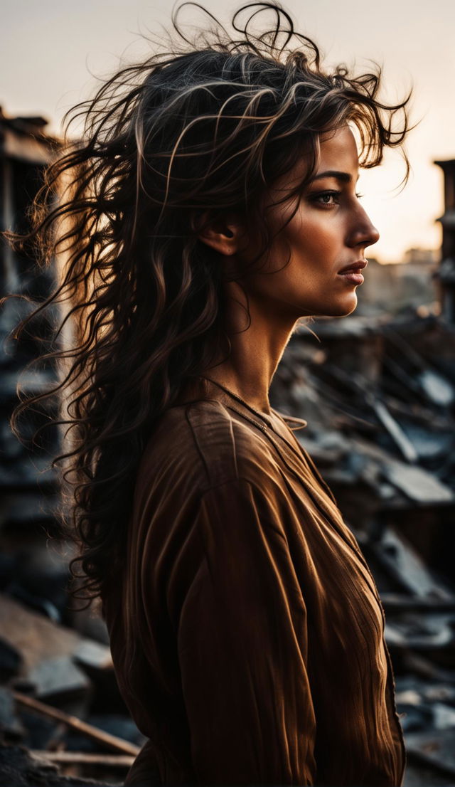 16k resolution photograph of a 30-year-old woman with thick wavy hair in a war-torn landscape, taken in low light with sharp focus on her side profile.