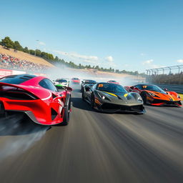 A high-speed race scene featuring sleek, colorful sports cars zooming around a winding track under a clear blue sky