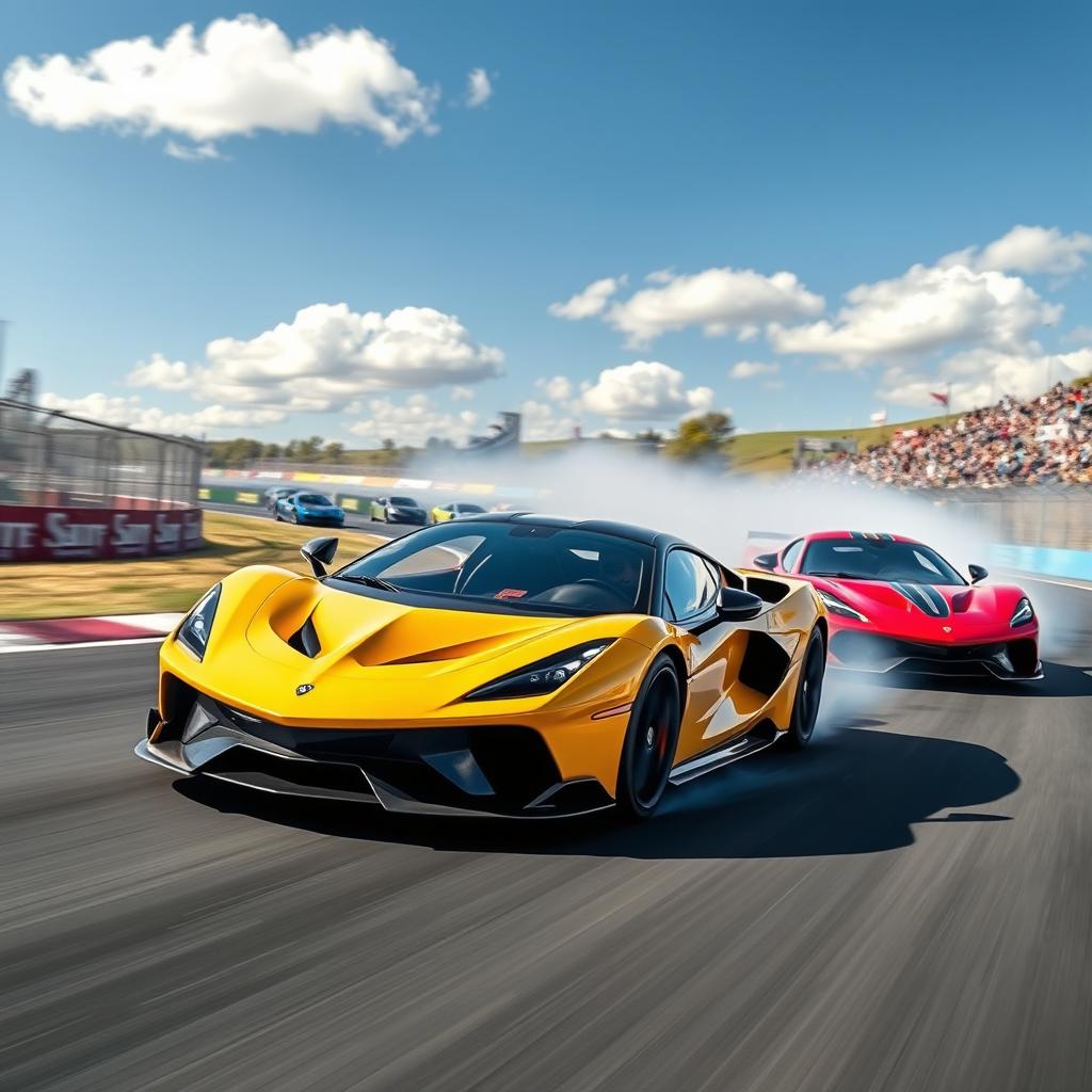 A high-speed race scene featuring sleek, colorful sports cars zooming around a winding track under a clear blue sky