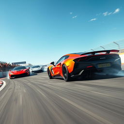 A high-speed race scene featuring sleek, colorful sports cars zooming around a winding track under a clear blue sky