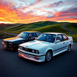 A stunning scene featuring a black BMW E30 parked next to a white BMW E30, both cars displayed prominently