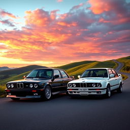 A stunning scene featuring a black BMW E30 parked next to a white BMW E30, both cars displayed prominently