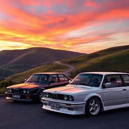 A stunning scene featuring a black BMW E30 parked next to a white BMW E30, both cars displayed prominently