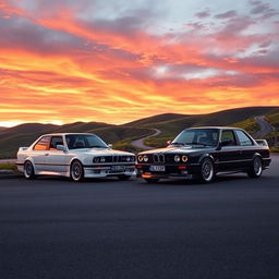 A stunning scene featuring a black BMW E30 parked next to a white BMW E30, both cars displayed prominently