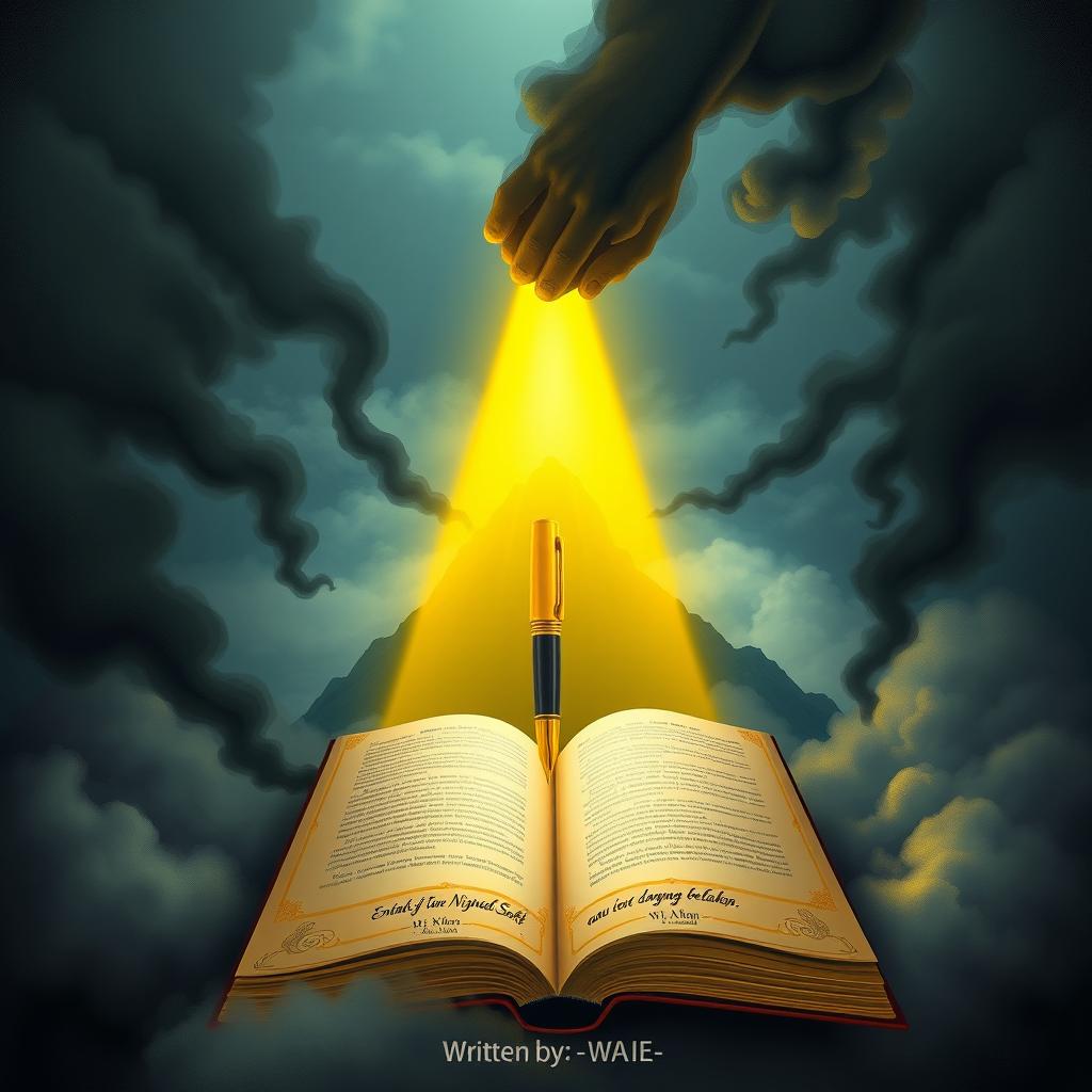 A captivating illustration featuring the pen of fate, highlighted by an enchanting yellow light that protects it from dark, ominous smoke swirling around it