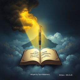 A captivating illustration featuring the pen of fate, highlighted by an enchanting yellow light that protects it from dark, ominous smoke swirling around it