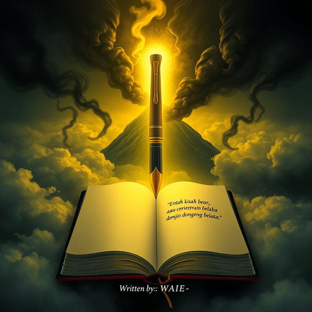 A captivating illustration featuring the pen of fate, highlighted by an enchanting yellow light that protects it from dark, ominous smoke swirling around it