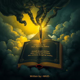 A captivating illustration featuring the pen of fate, highlighted by an enchanting yellow light that protects it from dark, ominous smoke swirling around it