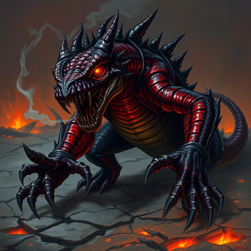 A sinister salamander creature from a Dungeons & Dragons setting, depicted with a menacing posture and sharp, jagged scales that glisten with dark colors, ranging from deep reds to charred blacks