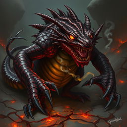 A sinister salamander creature from a Dungeons & Dragons setting, depicted with a menacing posture and sharp, jagged scales that glisten with dark colors, ranging from deep reds to charred blacks