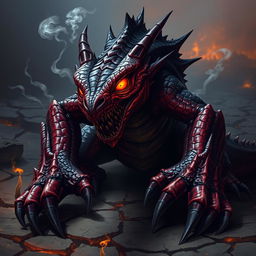 A sinister salamander creature from a Dungeons & Dragons setting, depicted with a menacing posture and sharp, jagged scales that glisten with dark colors, ranging from deep reds to charred blacks