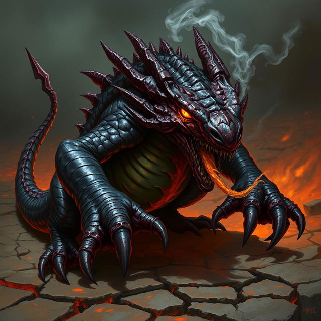 A sinister salamander creature from a Dungeons & Dragons setting, depicted with a menacing posture and sharp, jagged scales that glisten with dark colors, ranging from deep reds to charred blacks