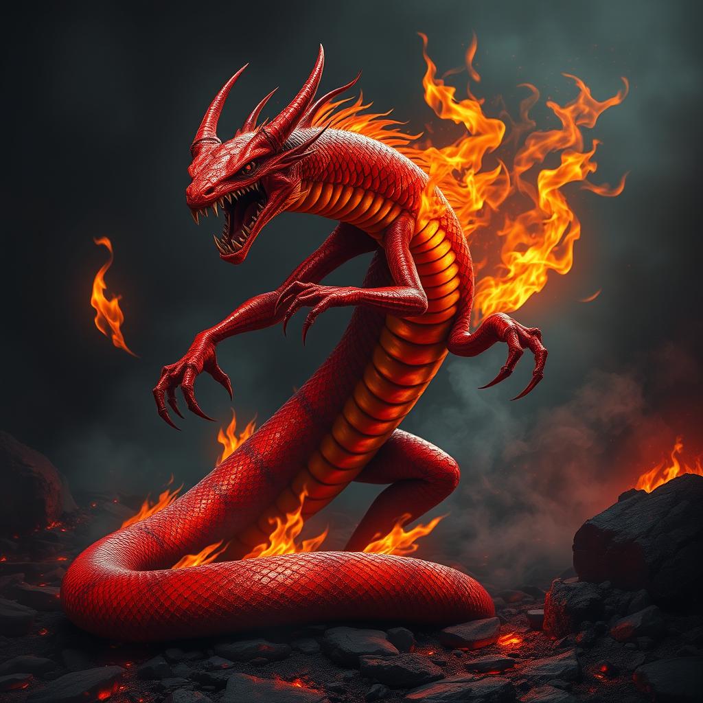 A sinister salamander creature with a half-snake body, characterized by vibrant red scales that shimmer menacingly