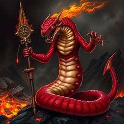 A sinister salamander creature from a Dungeons & Dragons setting, featuring a half-snake body and vibrant red scales that gleam ominously