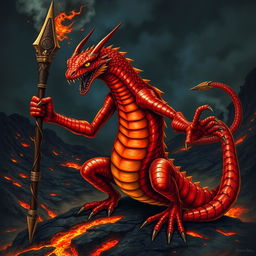 A sinister salamander creature from a Dungeons & Dragons setting, featuring a half-snake body and vibrant red scales that gleam ominously