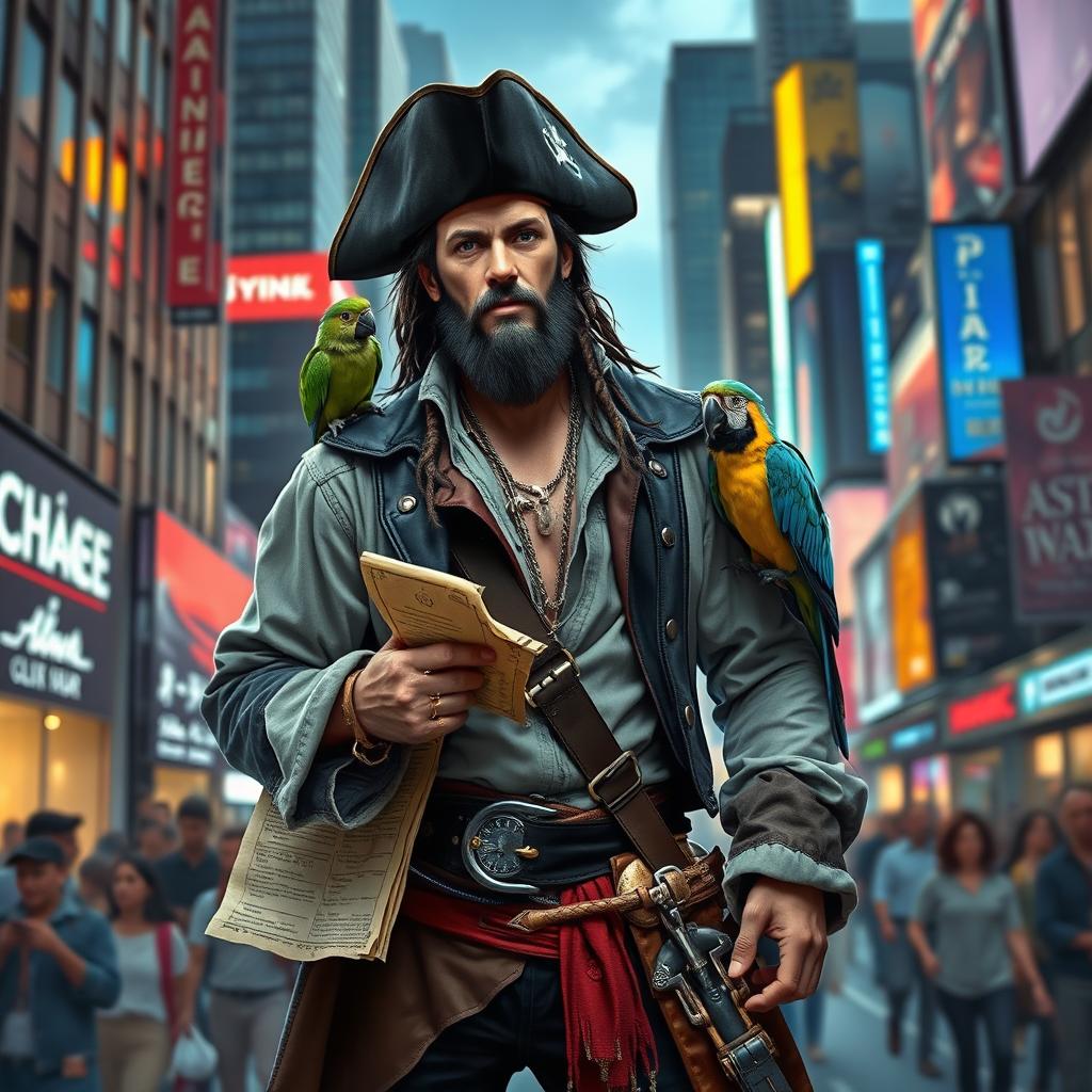 A modern reimagining of Long John Silver, the infamous pirate, set against the backdrop of a bustling contemporary city