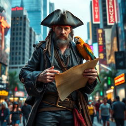 A modern reimagining of Long John Silver, the infamous pirate, set against the backdrop of a bustling contemporary city