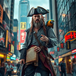 A modern reimagining of Long John Silver, the infamous pirate, set against the backdrop of a bustling contemporary city