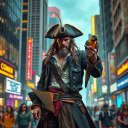 A modern reimagining of Long John Silver, the infamous pirate, set against the backdrop of a bustling contemporary city