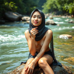 An 18-year-old Malaysian girl with white skin, wearing a hijab, sitting on a rock in the middle of a beautiful river