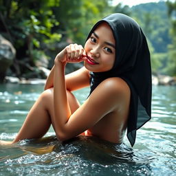 An 18-year-old Malaysian girl with white skin, wearing a hijab, sitting on a rock in the middle of a beautiful river