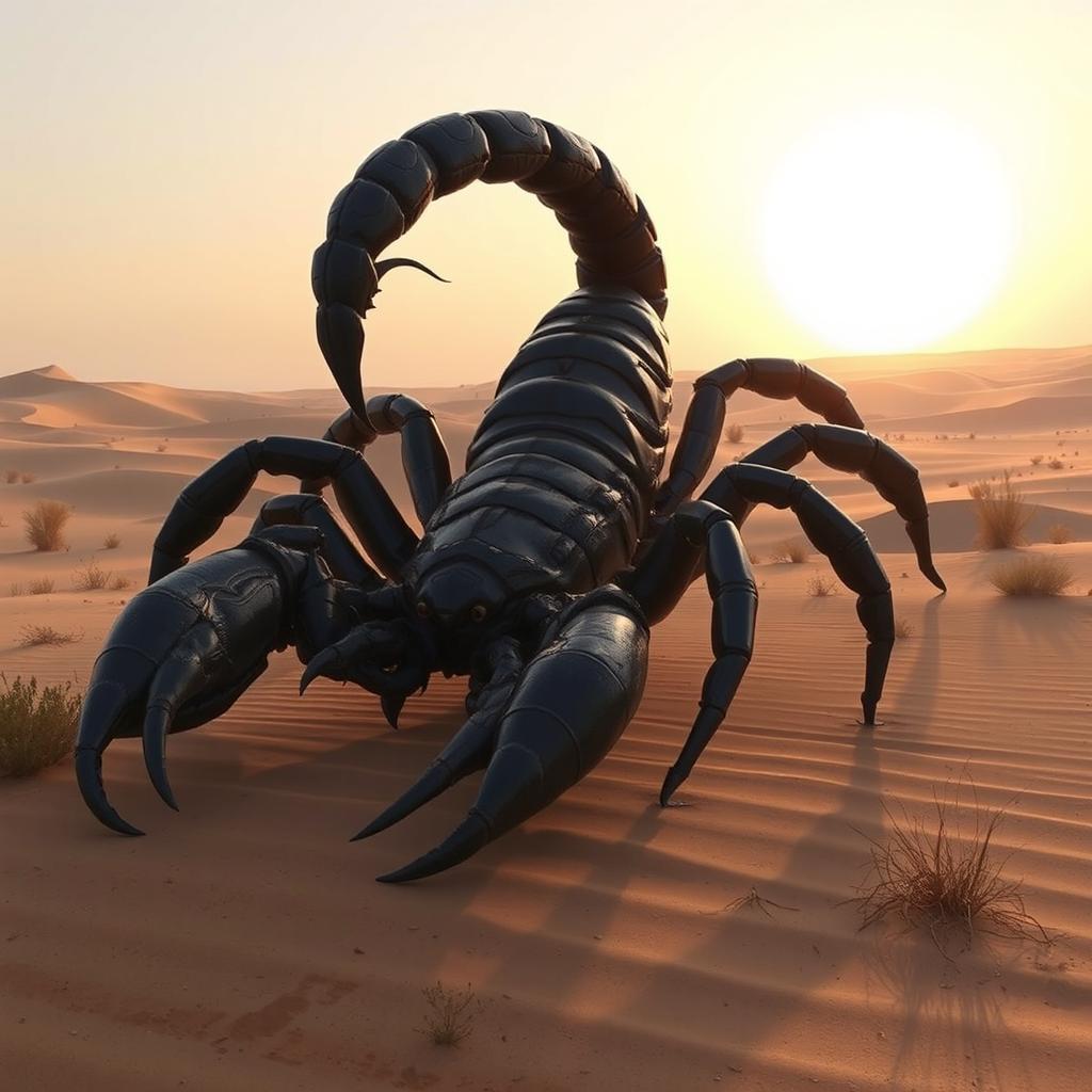 A giant, menacing scorpion lurking in a vast desert landscape