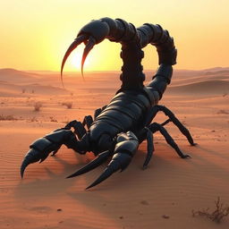 A giant, menacing scorpion lurking in a vast desert landscape