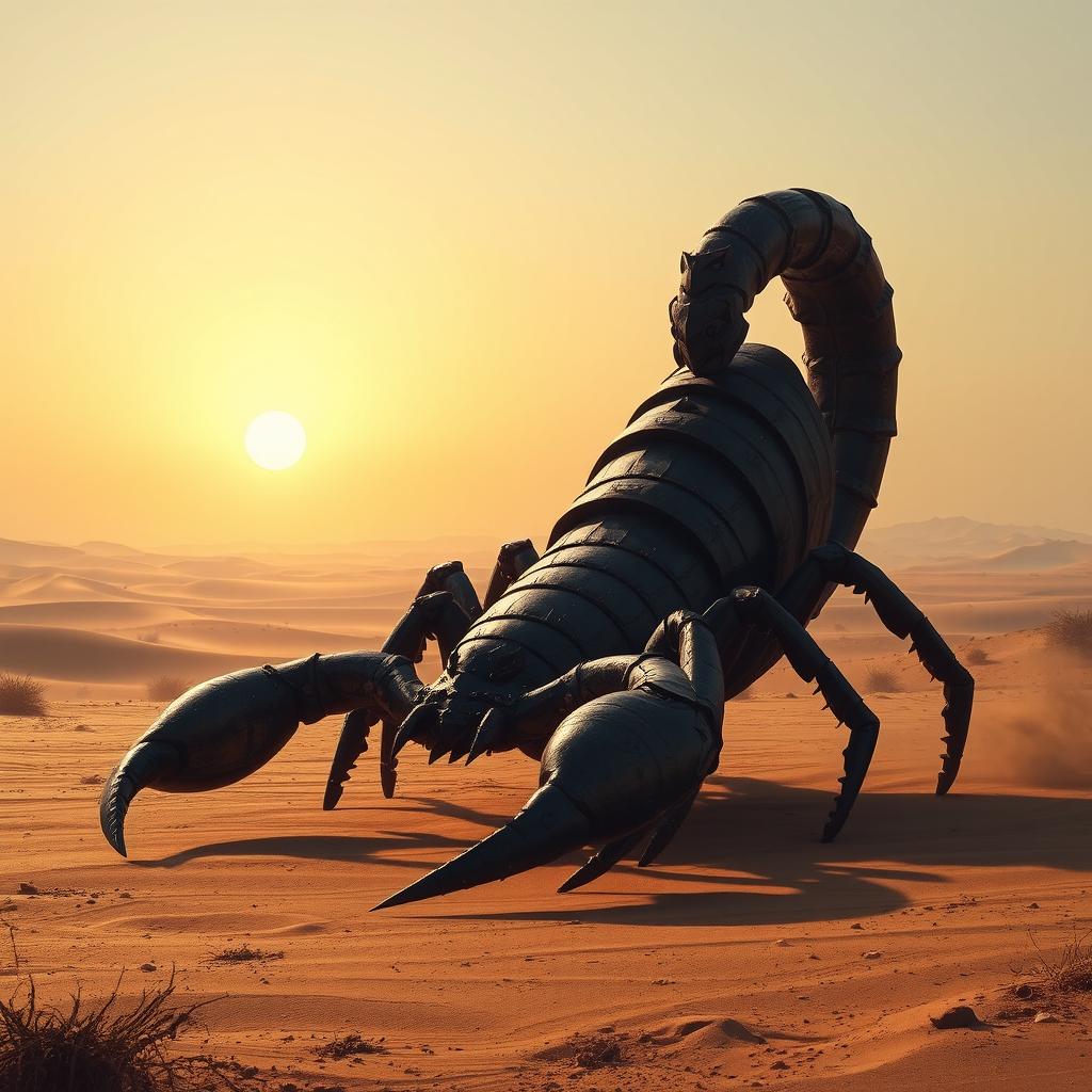 A giant, menacing scorpion lurking in a vast desert landscape