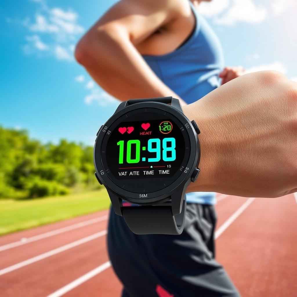 A sleek and modern sports watch designed for athletes, featuring a digital display that showcases heart rate, distance, and time in vibrant colors