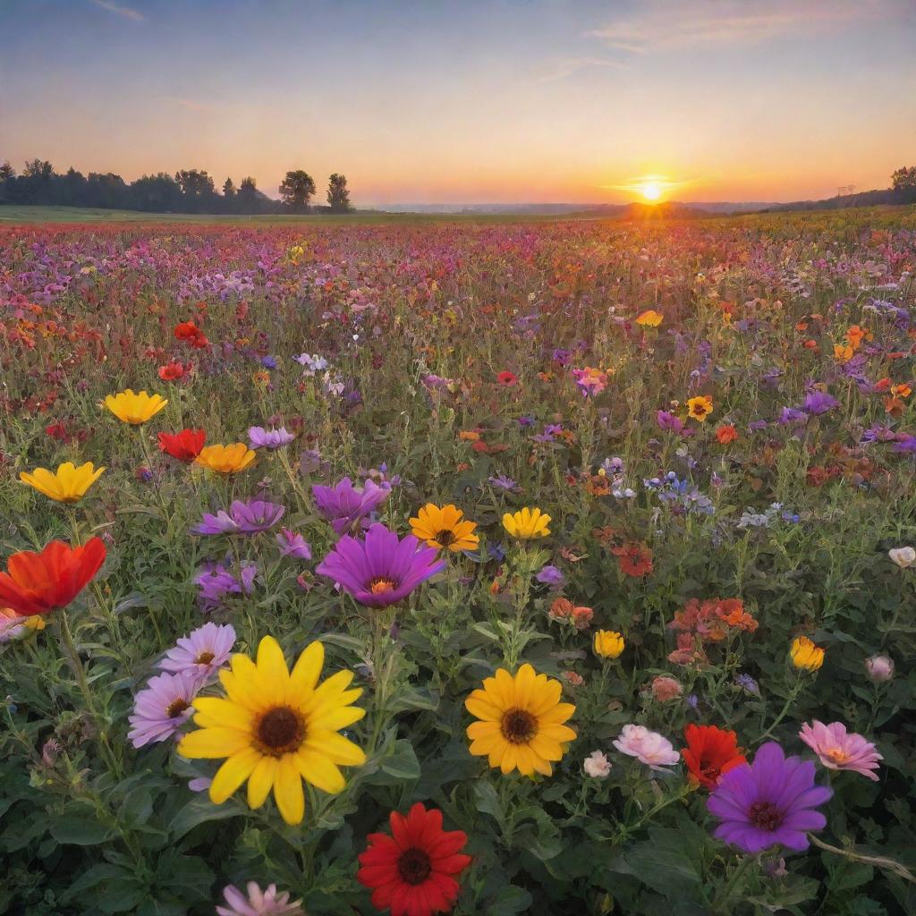 A vibrant selection of various, colorful flowers in a blossoming field beneath a sunrise