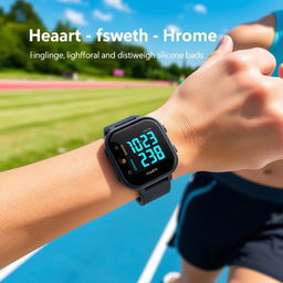 A sleek and modern sports watch designed for athletes, featuring a digital display that showcases heart rate, distance, and time in vibrant colors