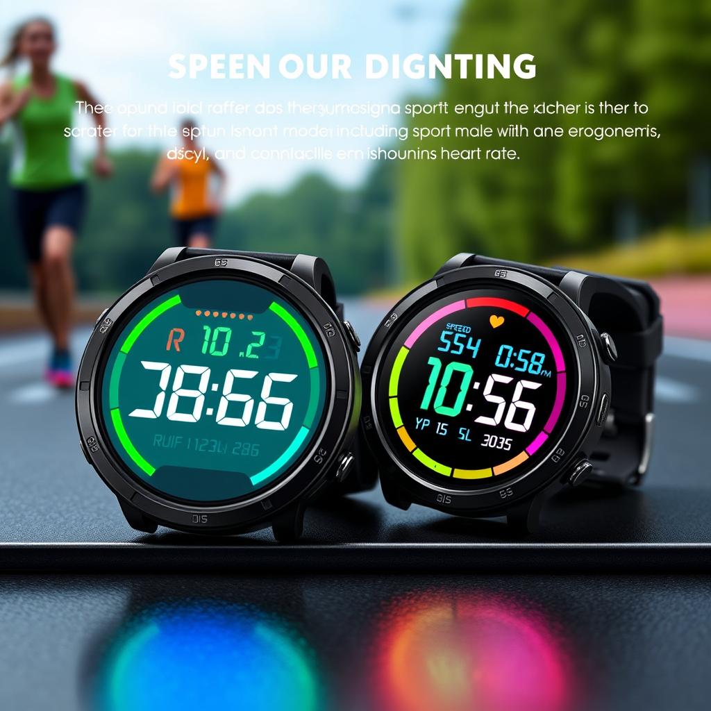 A pair of stylish round sports watches, featuring a bold digital display with colorful LED lights, ergonomic rubber strap for comfort, and various sport modes like running and cycling