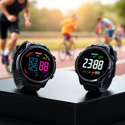 A pair of stylish round sports watches, featuring a bold digital display with colorful LED lights, ergonomic rubber strap for comfort, and various sport modes like running and cycling