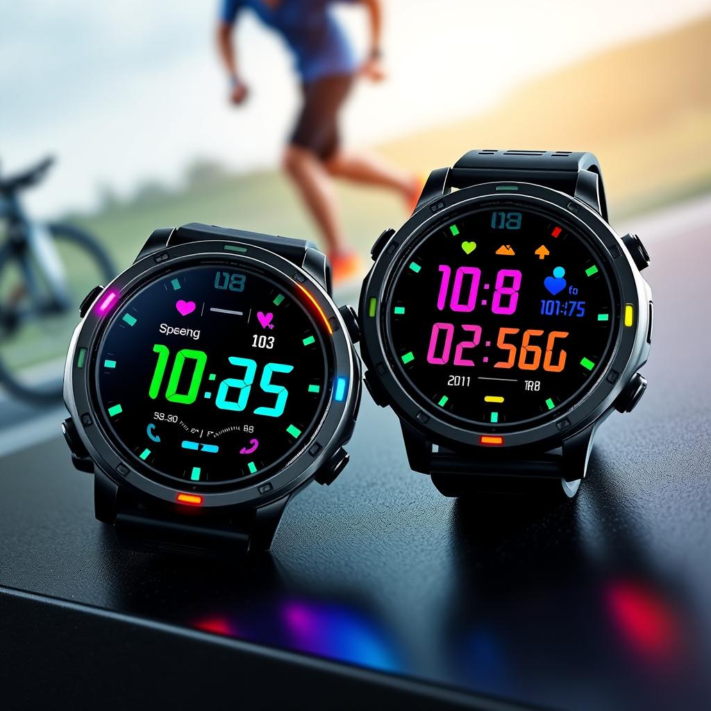 A pair of stylish round sports watches, featuring a bold digital display with colorful LED lights, ergonomic rubber strap for comfort, and various sport modes like running and cycling