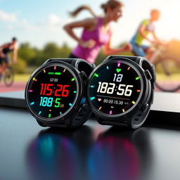 A pair of stylish round sports watches, featuring a bold digital display with colorful LED lights, ergonomic rubber strap for comfort, and various sport modes like running and cycling