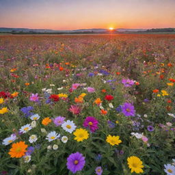 A vibrant selection of various, colorful flowers in a blossoming field beneath a sunrise