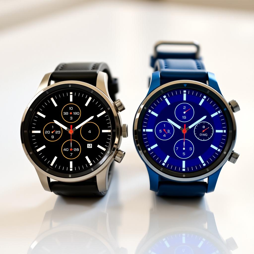 A pair of stylish round sports watches featuring flat buttons, showcasing a sleek and modern design