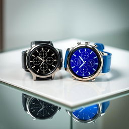 A pair of stylish round sports watches featuring flat buttons, showcasing a sleek and modern design