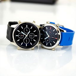 A pair of stylish round sports watches featuring flat buttons, showcasing a sleek and modern design