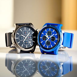 A pair of stylish round sports watches featuring flat buttons, showcasing a sleek and modern design