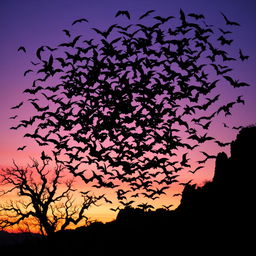 A dramatic swarm of bats taking flight at dusk, creating a dark, swirling mass against the fading light of the evening sky